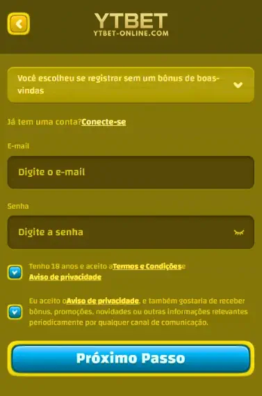 Botão de cadastro rápido no site YTBET cassino.